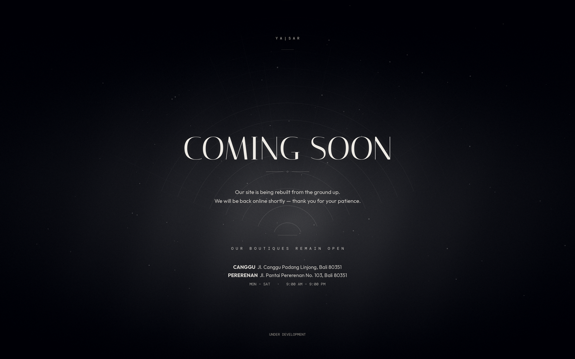 YA|SAR coming soon page - site under development, boutiques remain open